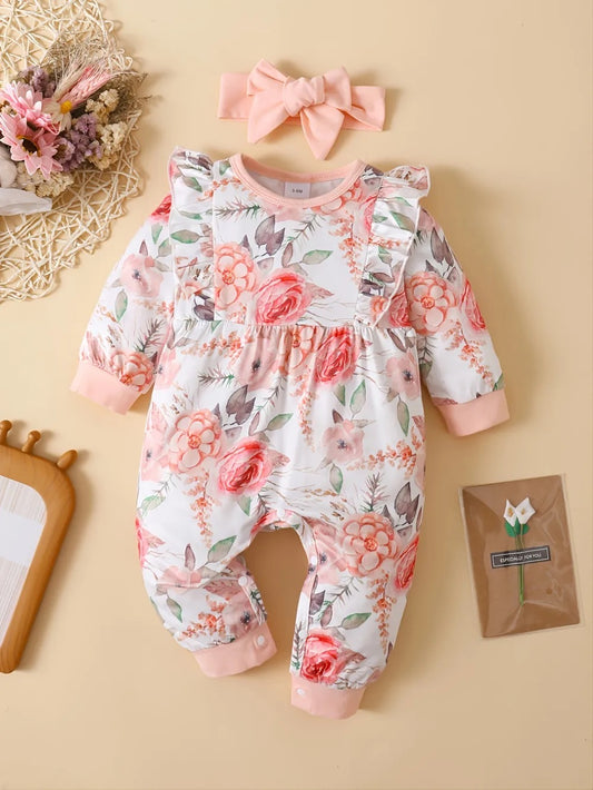 Mameluco floral para bebé con volantes y vincha